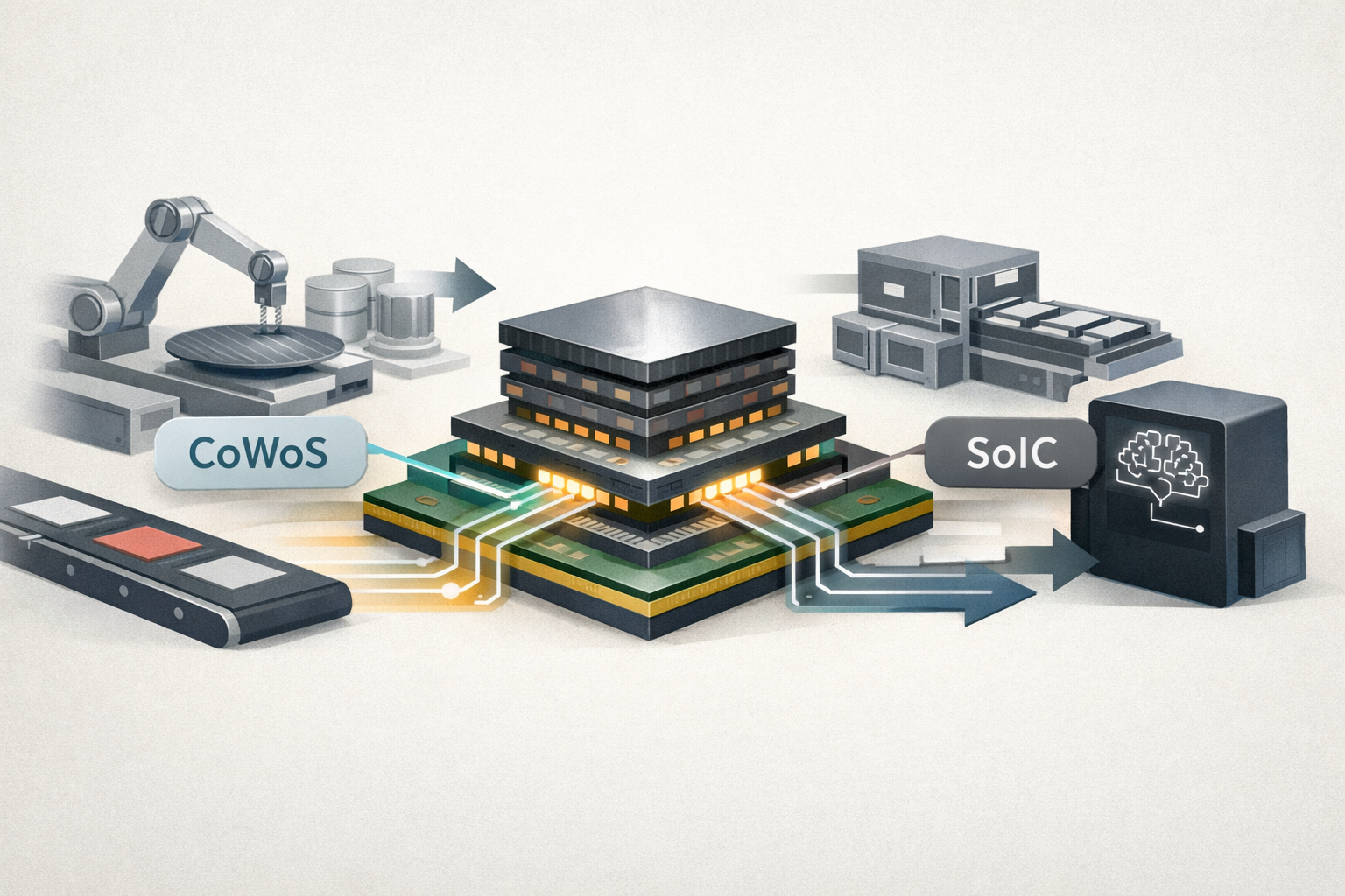Symbolic illustration of advanced semiconductor packaging capacity flowing through CoWoS and SoIC-style platforms into AI system delivery.