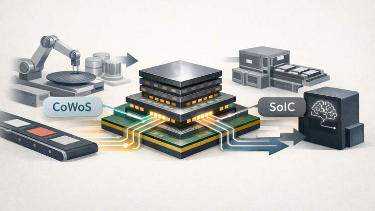 Symbolic illustration of advanced semiconductor packaging capacity flowing through CoWoS and SoIC-style platforms into AI system delivery.