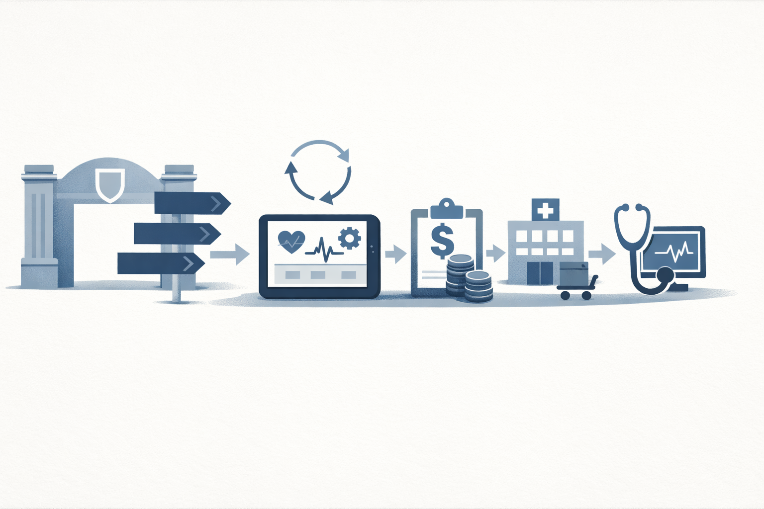 Symbolic illustration of FDA AI/ML medical device regulation flowing through clearance, reimbursement, hospital procurement, and clinical integration checkpoints, with pathway options and a change-control loop.
