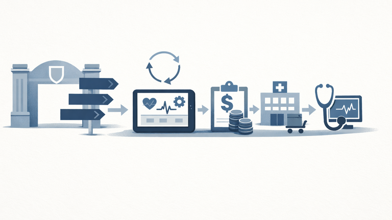 Symbolic illustration of FDA AI/ML medical device regulation flowing through clearance, reimbursement, hospital procurement, and clinical integration checkpoints, with pathway options and a change-control loop.