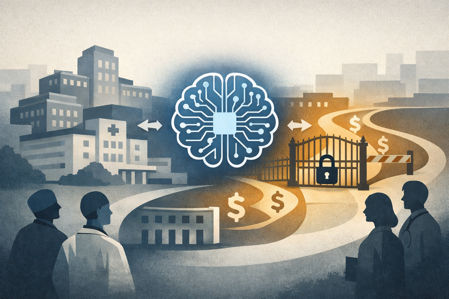 Symbolic illustration of an AI medical device moving between hospital adoption and reimbursement barriers, with abstract clinician and policy elements.
