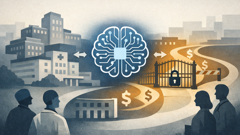 Symbolic illustration of an AI medical device moving between hospital adoption and reimbursement barriers, with abstract clinician and policy elements.