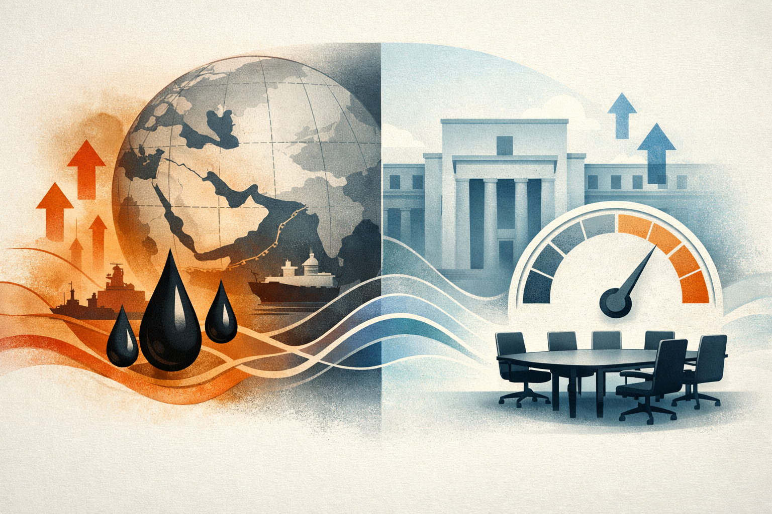 Editorial illustration showing geopolitical tension and a central bank meeting as two forces shaping market volatility.