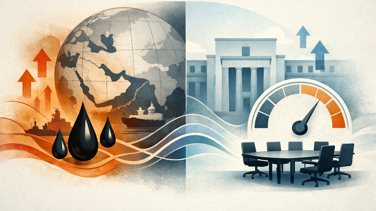 Editorial illustration showing geopolitical tension and a central bank meeting as two forces shaping market volatility.