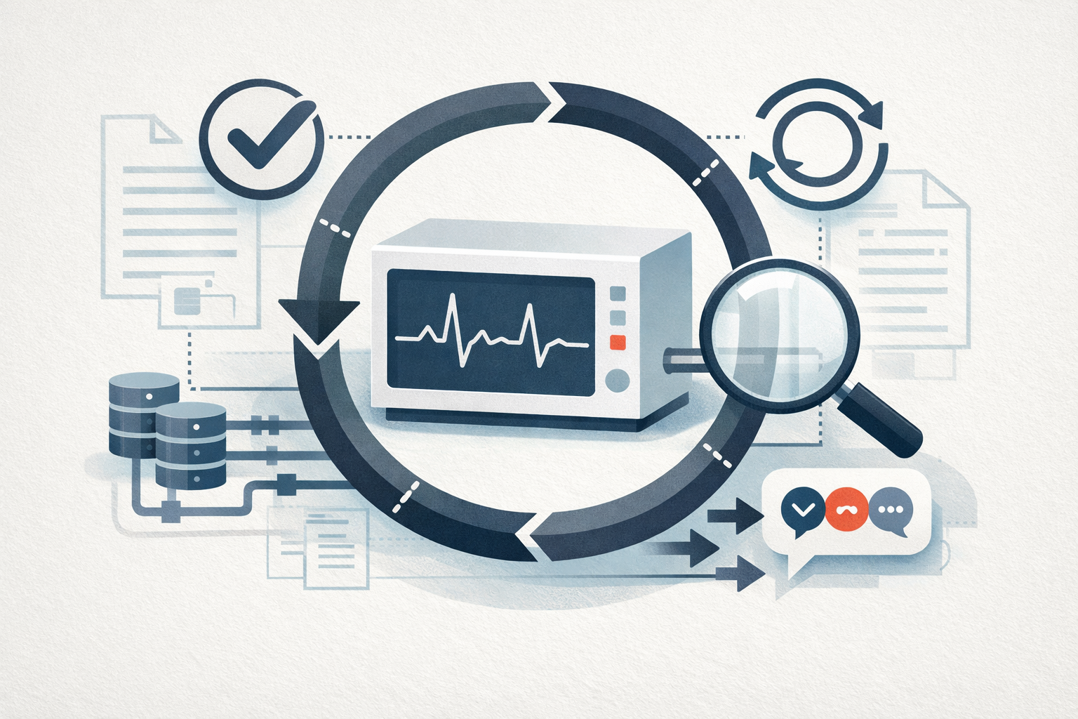 Symbolic illustration of an AI medical device with validation, transparency, and continuous post-market monitoring loops.