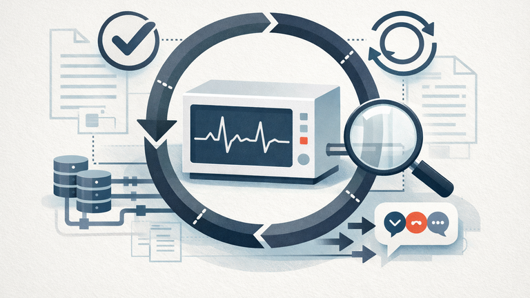 Symbolic illustration of an AI medical device with validation, transparency, and continuous post-market monitoring loops.