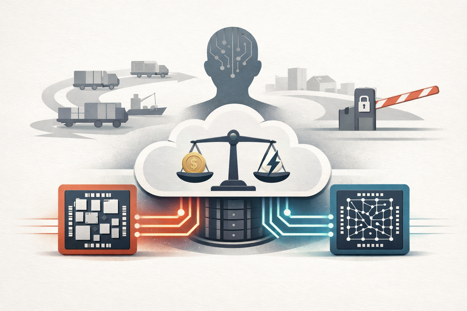 Symbolic illustration of a cloud AI partnership linking a data center to custom training and inference chips, with efficiency and policy themes.