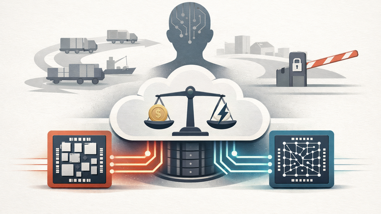 Symbolic illustration of a cloud AI partnership linking a data center to custom training and inference chips, with efficiency and policy themes.