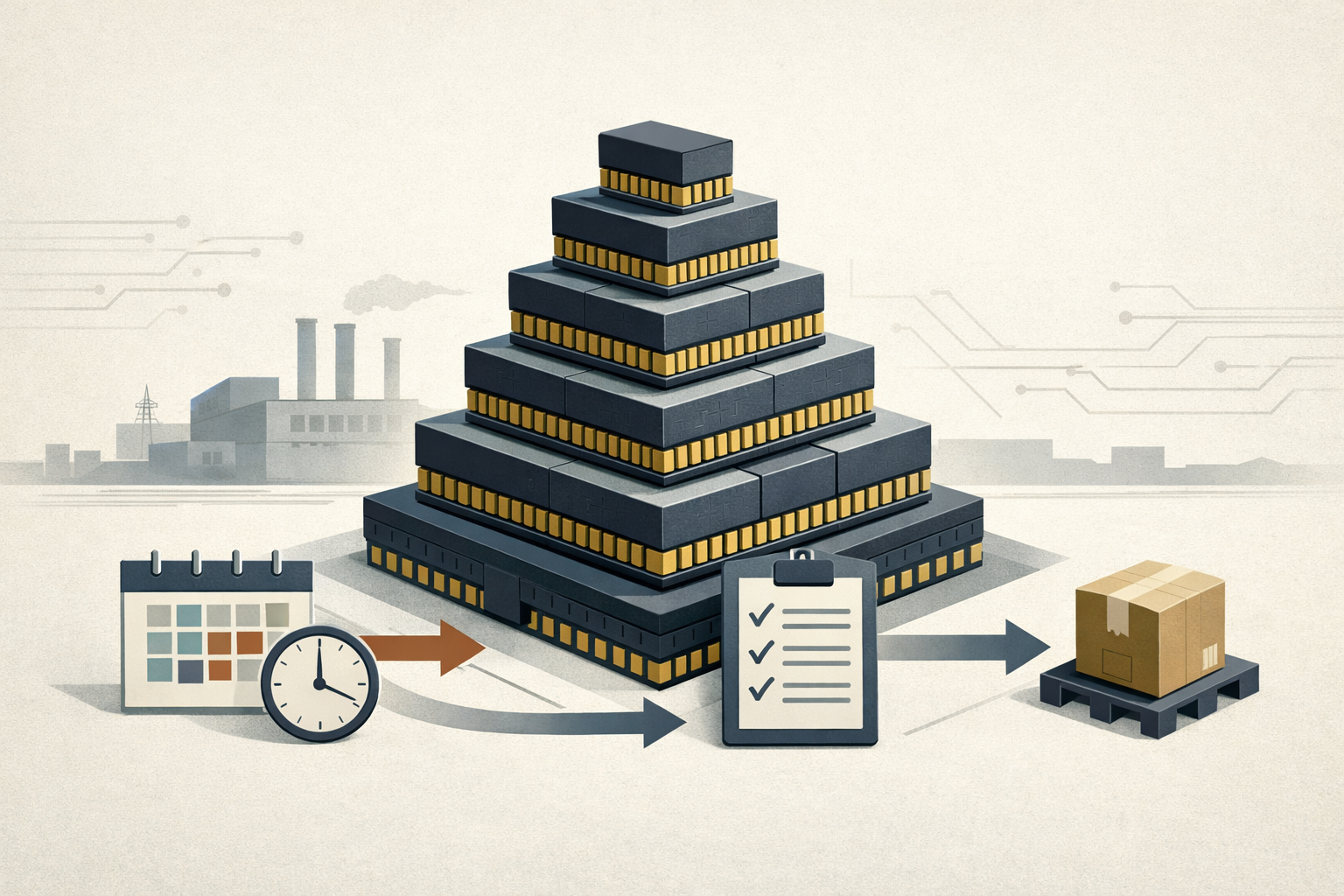 An abstract illustration of stacked memory layers, a factory, and workflow icons showing how investment turns into HBM production capacity over time.