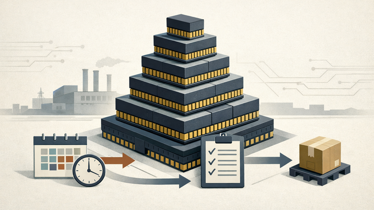 An abstract illustration of stacked memory layers, a factory, and workflow icons showing how investment turns into HBM production capacity over time.