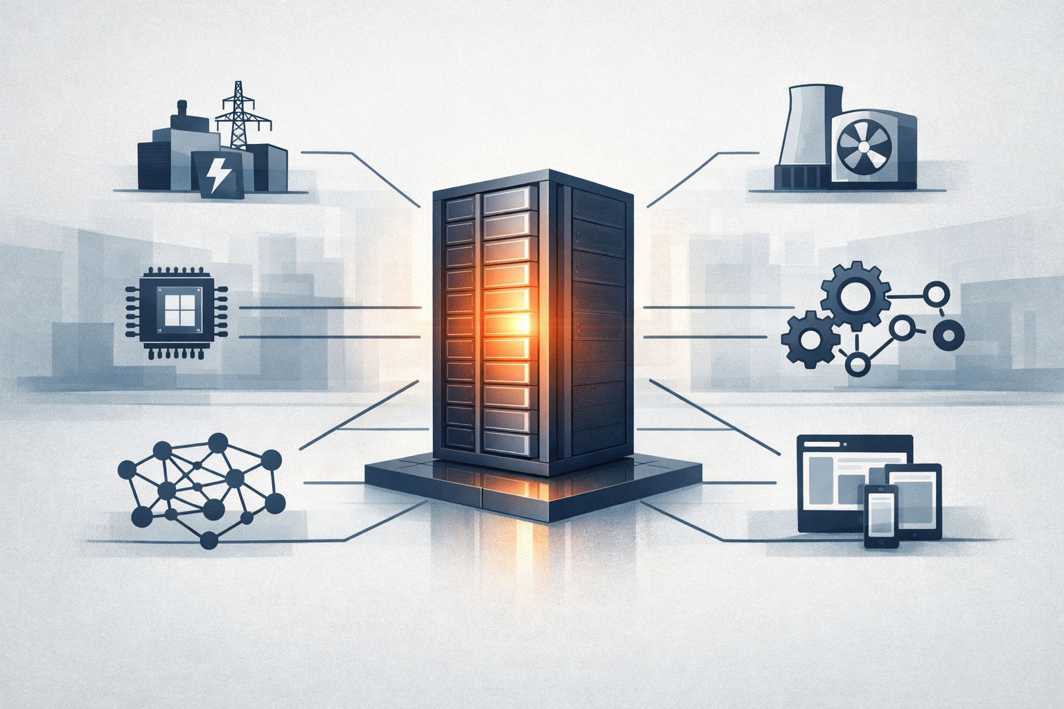 An editorial illustration showing an AI data center as a connected system of power, chips, infrastructure, models, and applications.