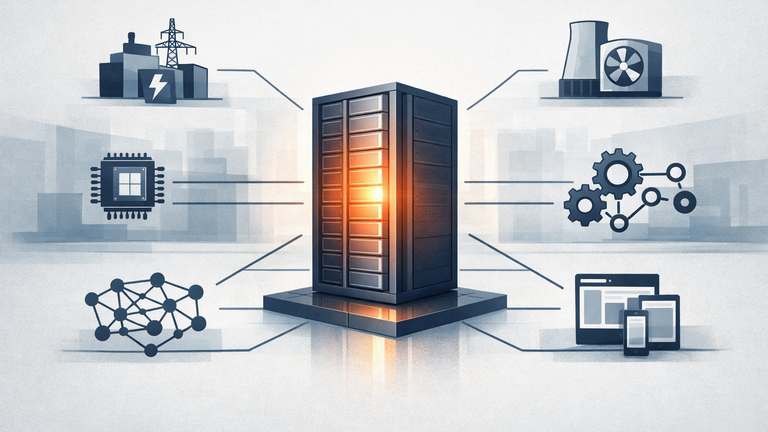An editorial illustration showing an AI data center as a connected system of power, chips, infrastructure, models, and applications.