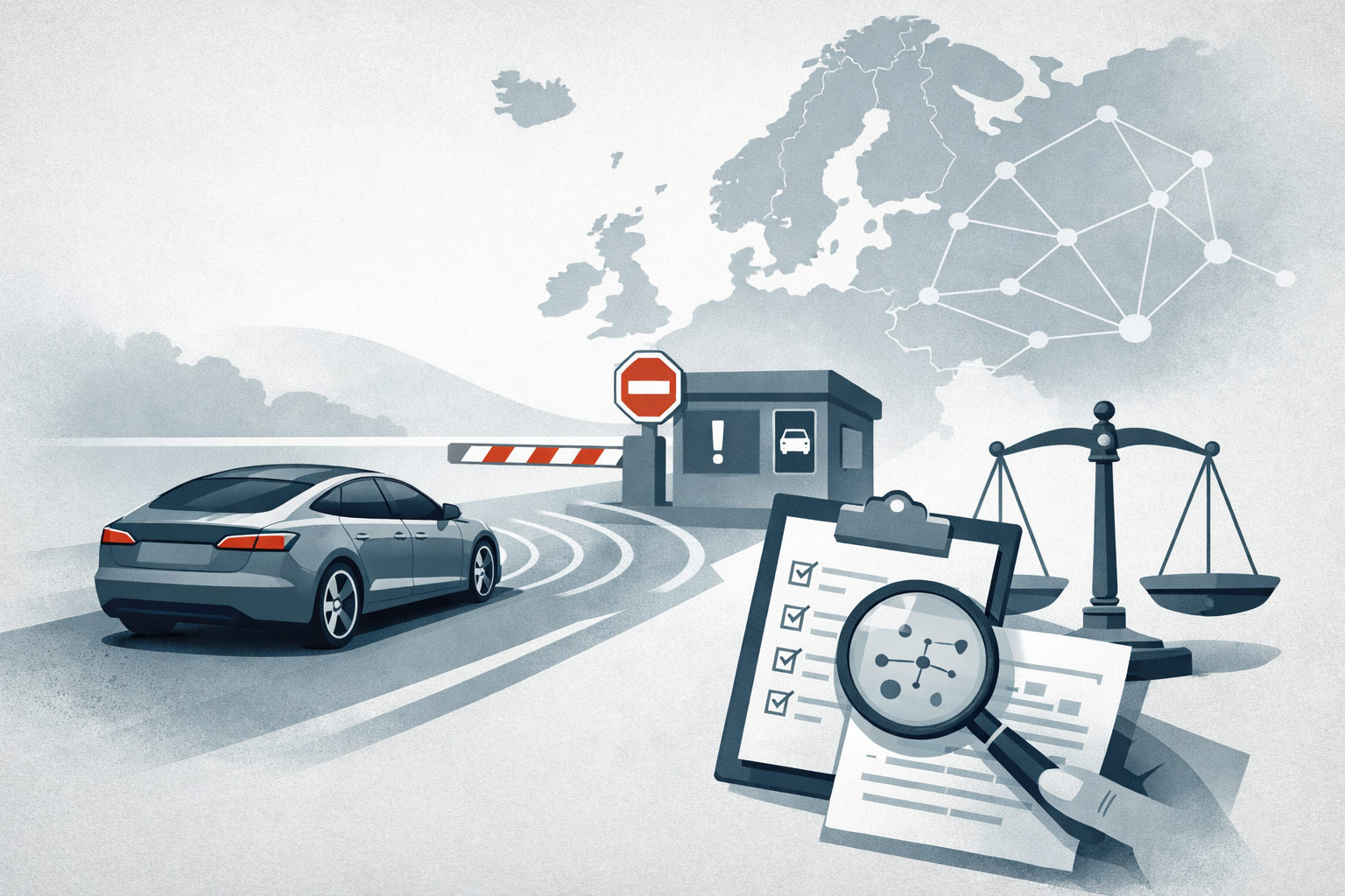 An electric car approaches a regulatory checkpoint while data verification and European approval are symbolized by a clipboard, magnifying glass, and map connections.