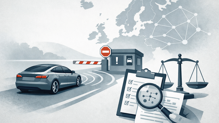An electric car approaches a regulatory checkpoint while data verification and European approval are symbolized by a clipboard, magnifying glass, and map connections.