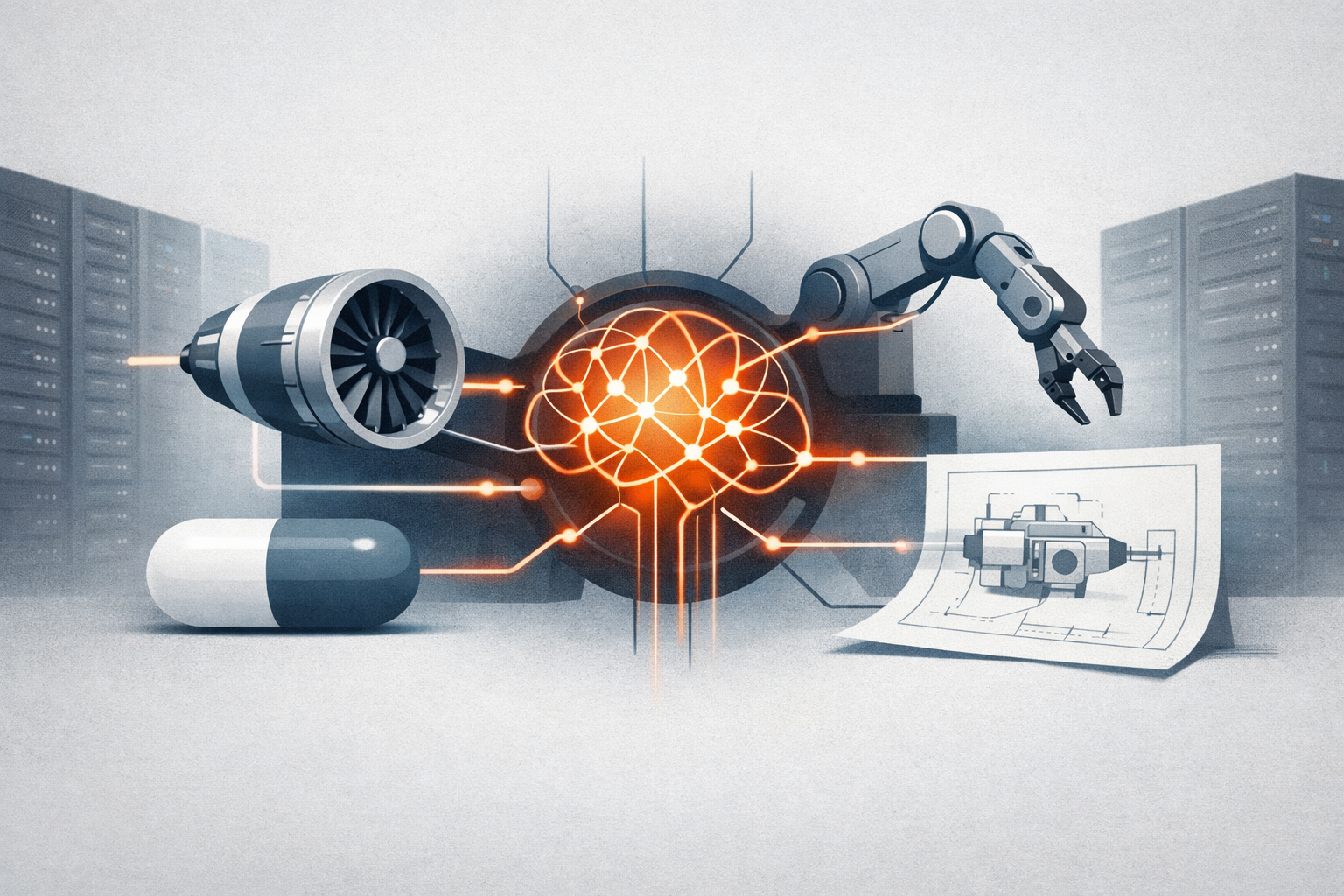 An abstract illustration showing AI connecting design software, compute infrastructure, and physical manufacturing outputs.