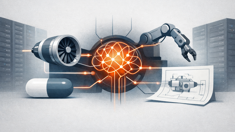An abstract illustration showing AI connecting design software, compute infrastructure, and physical manufacturing outputs.