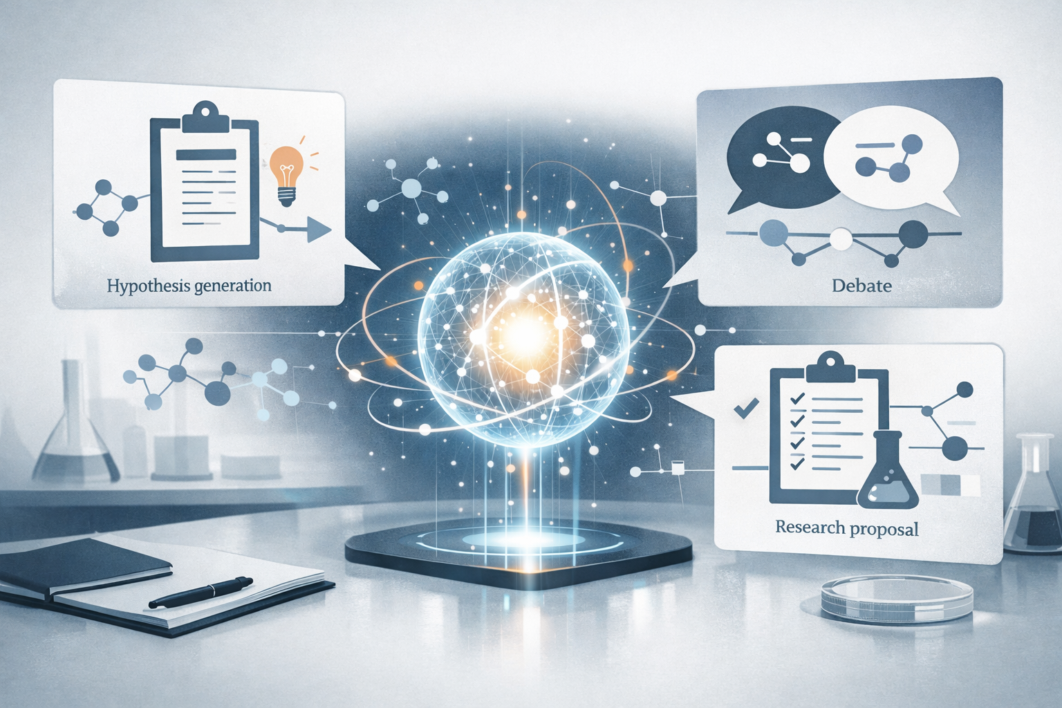 An abstract illustration of an AI system helping researchers generate, debate, and refine scientific ideas into a proposal.