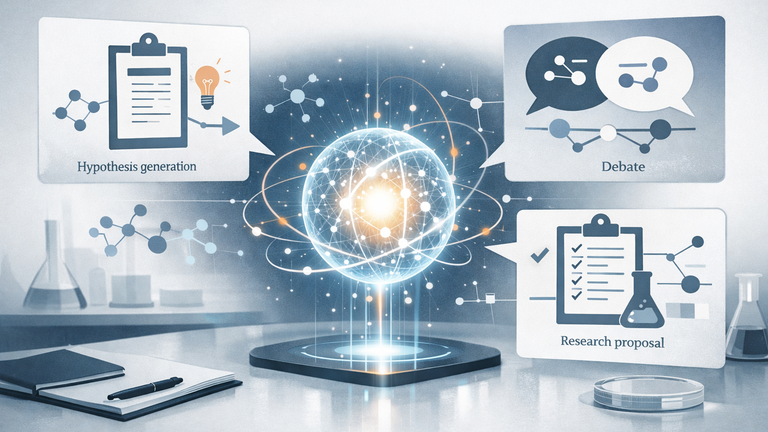 An abstract illustration of an AI system helping researchers generate, debate, and refine scientific ideas into a proposal.