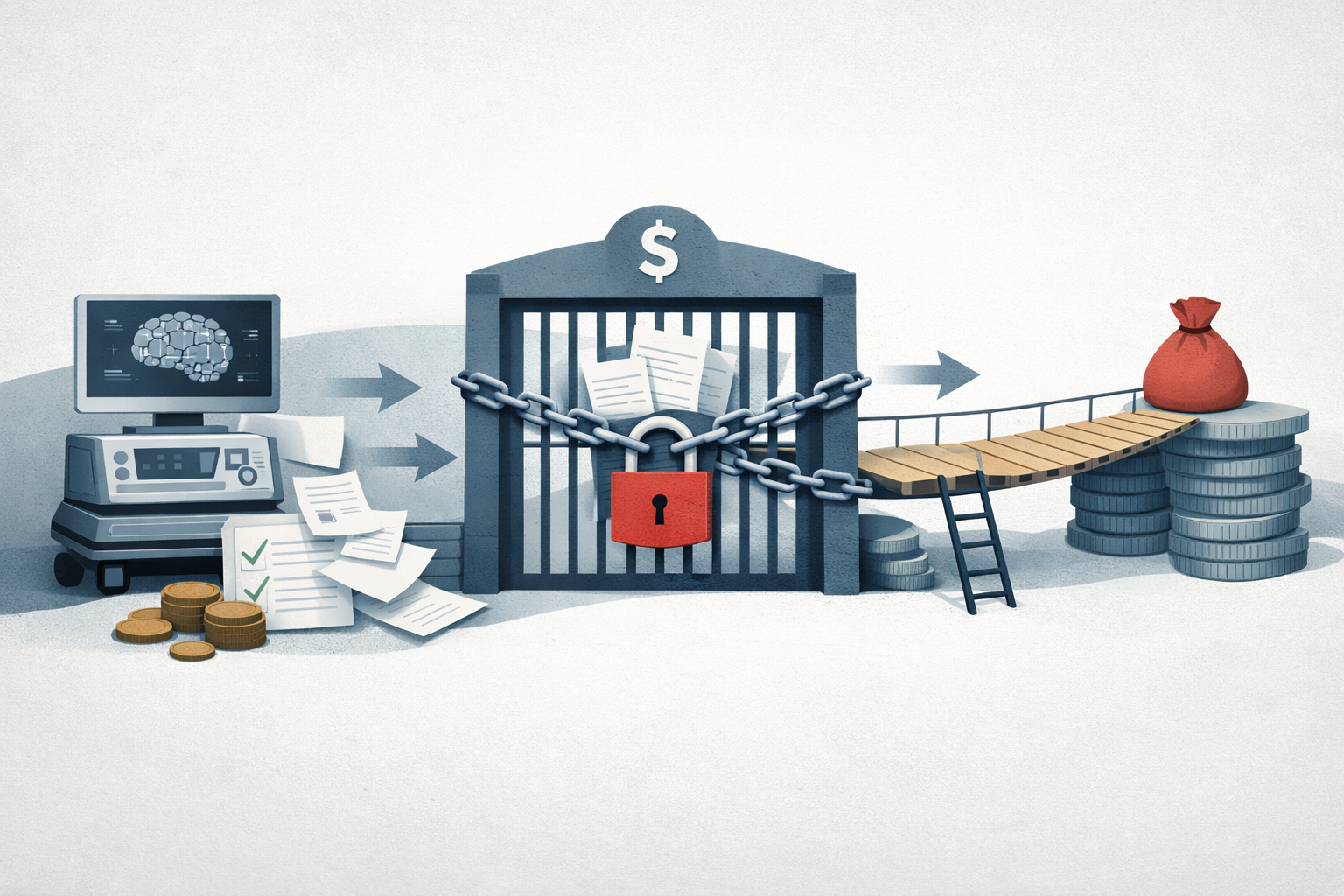 Symbolic illustration of a medical device or AI software product facing a reimbursement gate and financing barrier before reaching market adoption.