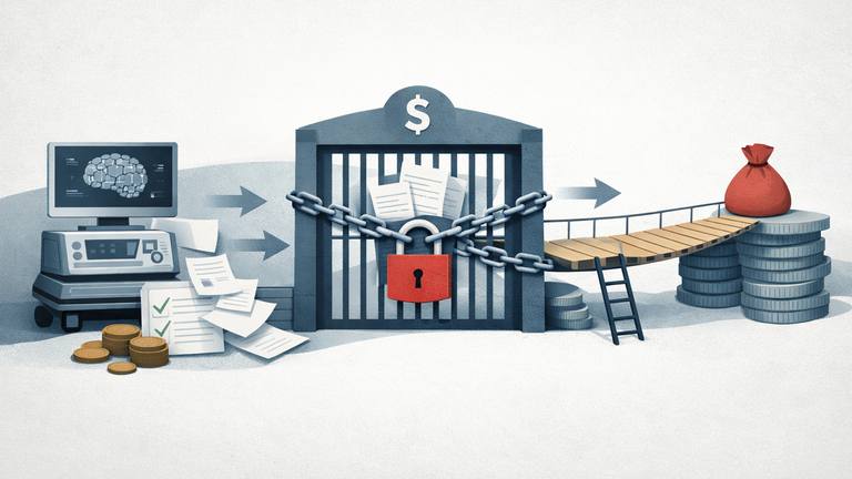 Symbolic illustration of a medical device or AI software product facing a reimbursement gate and financing barrier before reaching market adoption.