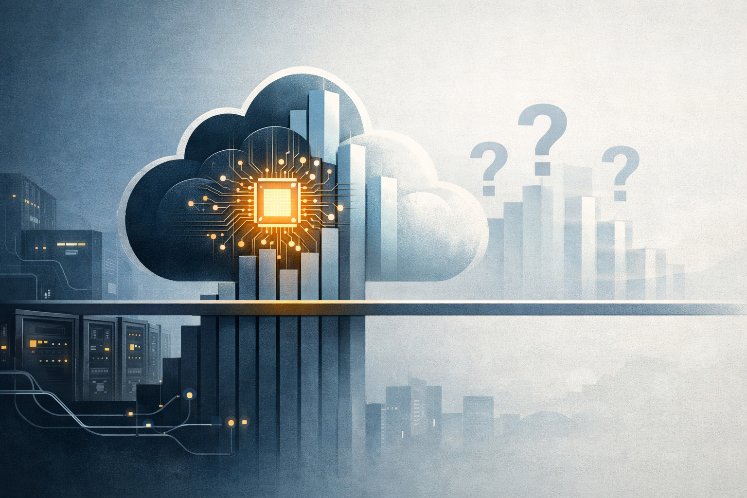 Symbolic illustration of a cloud revenue milestone rising above a threshold, with enterprise infrastructure and a subtle AI core, plus faded layers indicating uncertainty about the revenue mix.