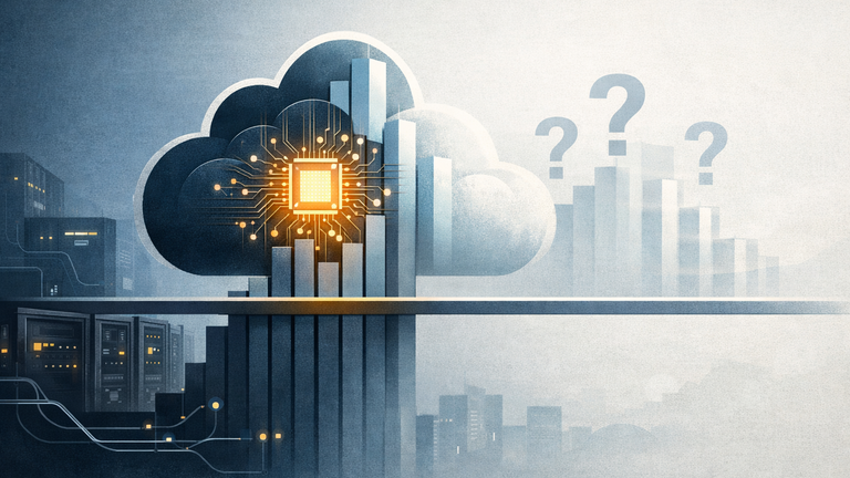 Symbolic illustration of a cloud revenue milestone rising above a threshold, with enterprise infrastructure and a subtle AI core, plus faded layers indicating uncertainty about the revenue mix.