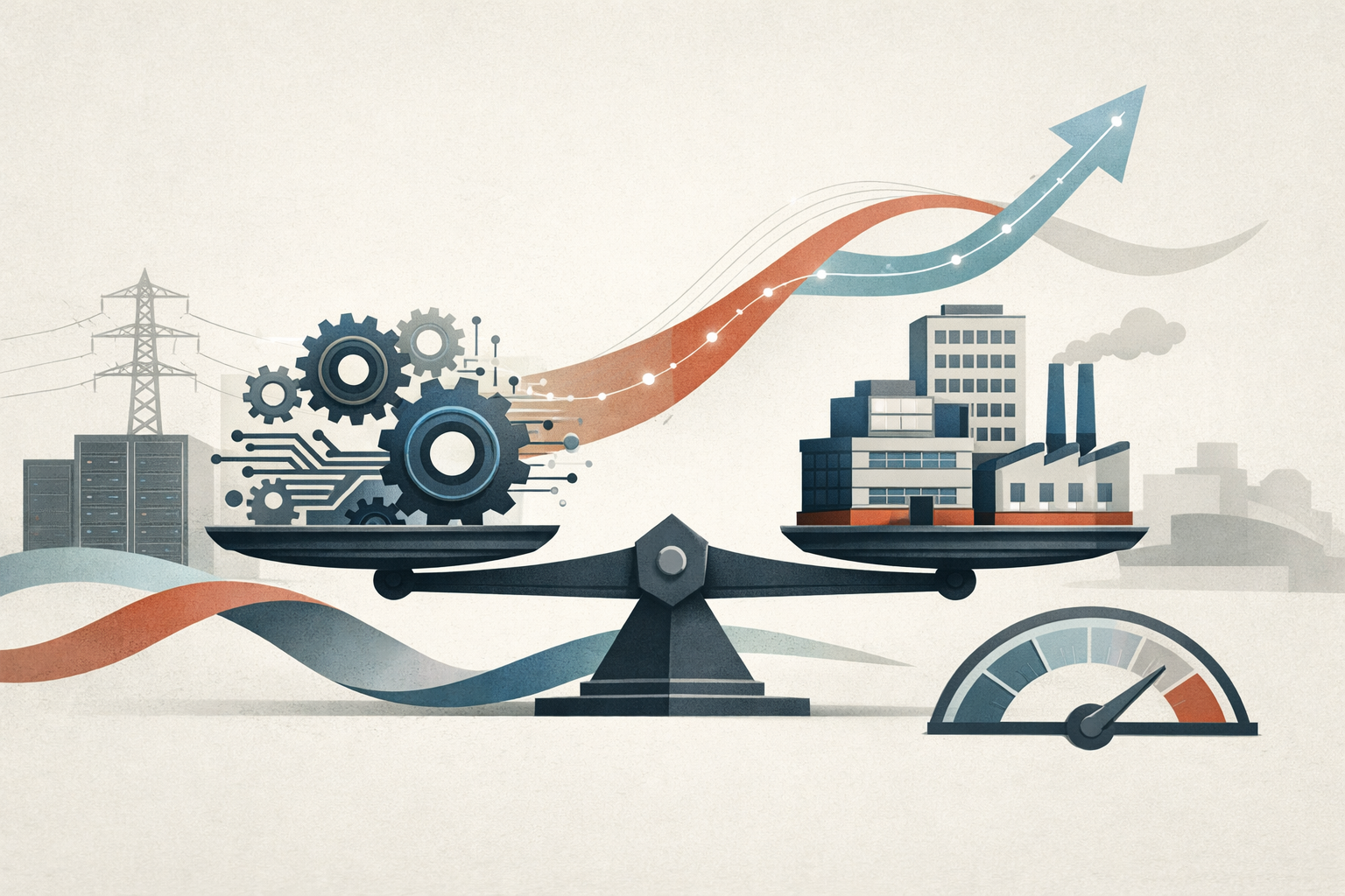 Symbolic illustration of AI investment, productivity, and inflation in a macroeconomic balance scene with abstract technology and business elements.