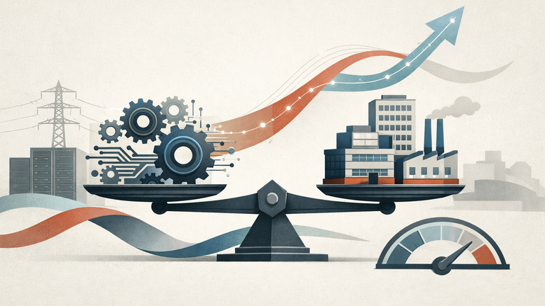 Symbolic illustration of AI investment, productivity, and inflation in a macroeconomic balance scene with abstract technology and business elements.
