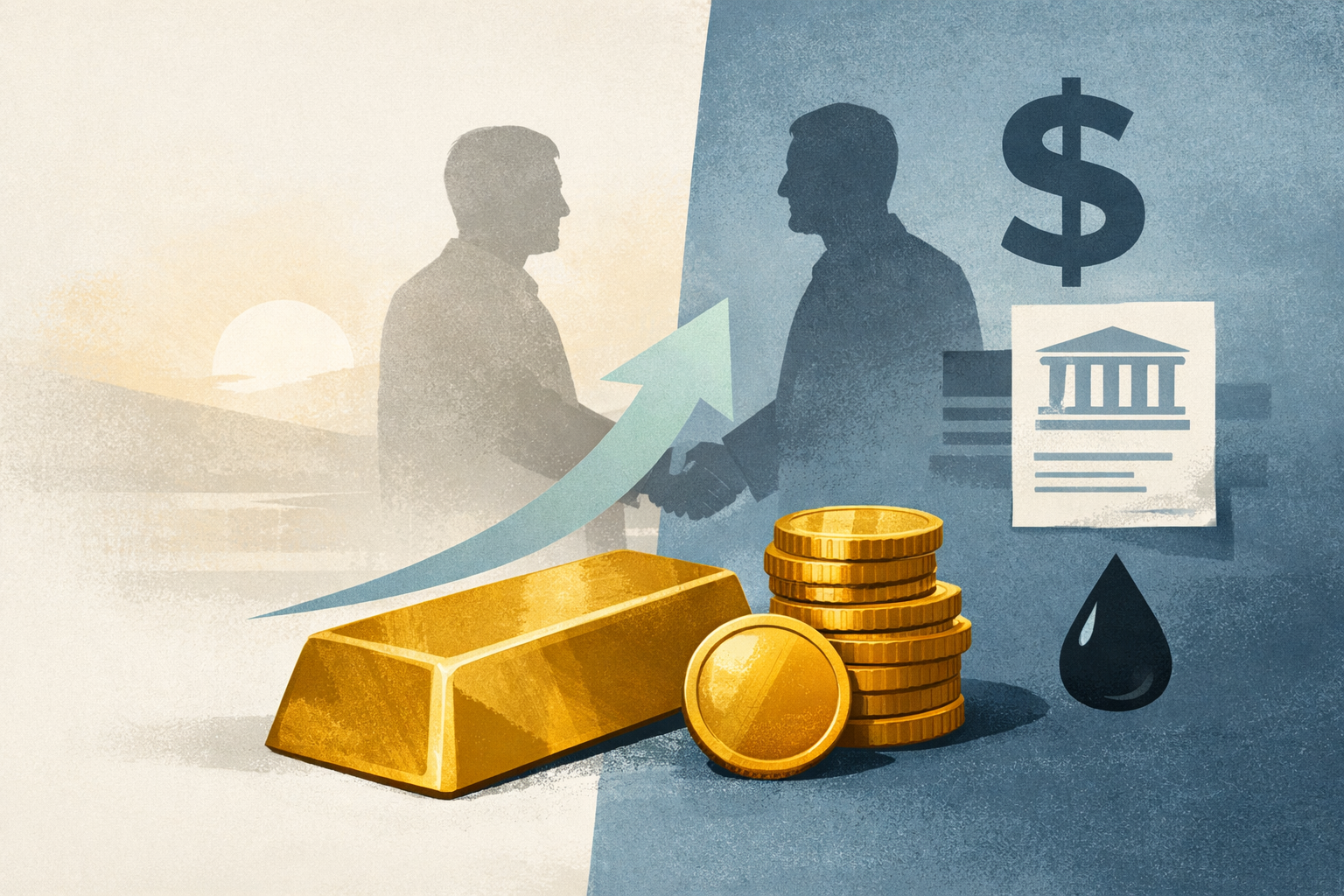 Symbolic illustration of gold rising as geopolitical tension eases, with nearby icons suggesting the dollar, Treasury yields, and oil prices.
