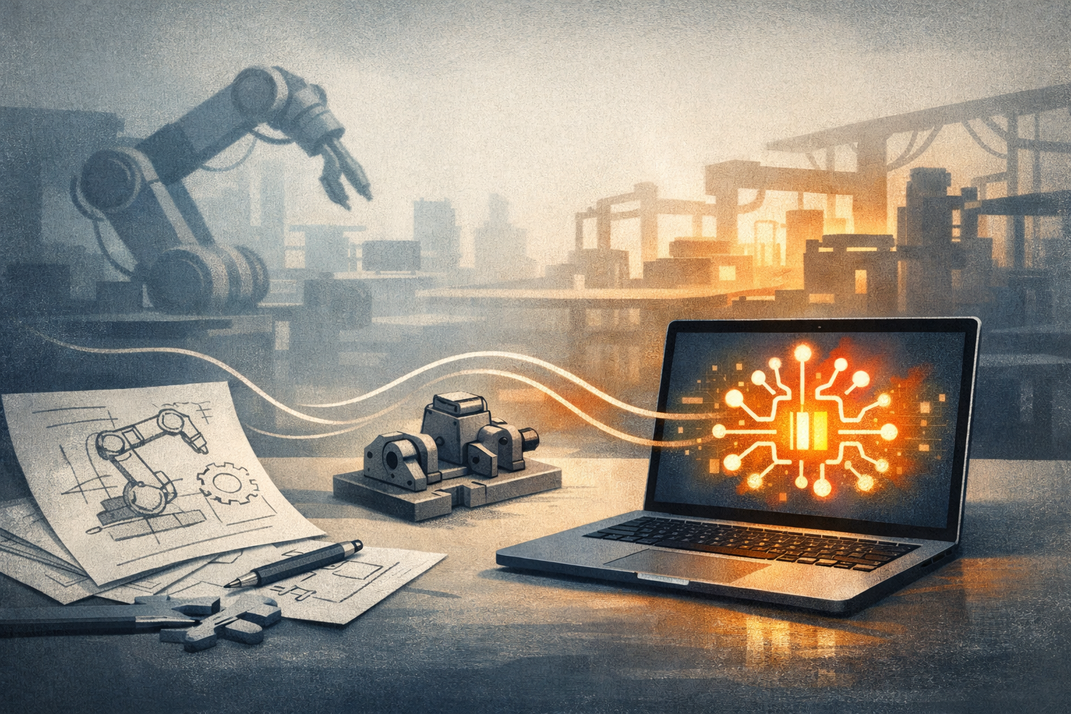 An editorial illustration showing AI tools connected to engineering and manufacturing workflows, with a digital interface, factory elements, and a flow from idea to production.