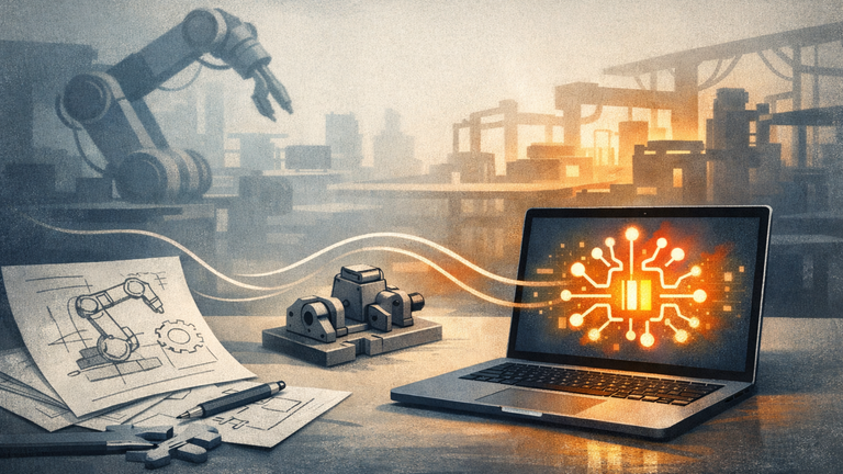 An editorial illustration showing AI tools connected to engineering and manufacturing workflows, with a digital interface, factory elements, and a flow from idea to production.