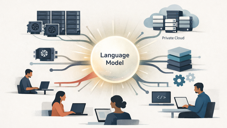 An abstract illustration showing an open-source language model connecting to multiple deployment environments, hardware platforms, and developer tools.