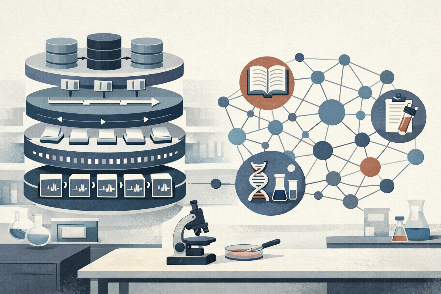 Symbolic illustration of AI agents connecting to biological databases, deterministic workflows, and a context engine for scientific research.