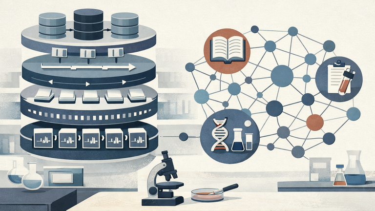 Symbolic illustration of AI agents connecting to biological databases, deterministic workflows, and a context engine for scientific research.