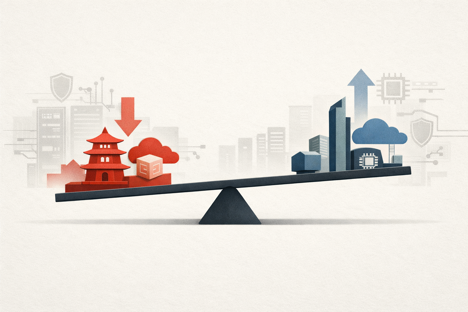 Symbolic illustration of AI stock valuation differences across regions, showing a balance between abstract East Asia and U.S. tech themes with chips, clouds, and policy icons.