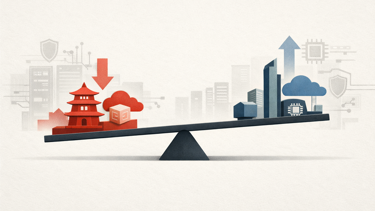 Symbolic illustration of AI stock valuation differences across regions, showing a balance between abstract East Asia and U.S. tech themes with chips, clouds, and policy icons.