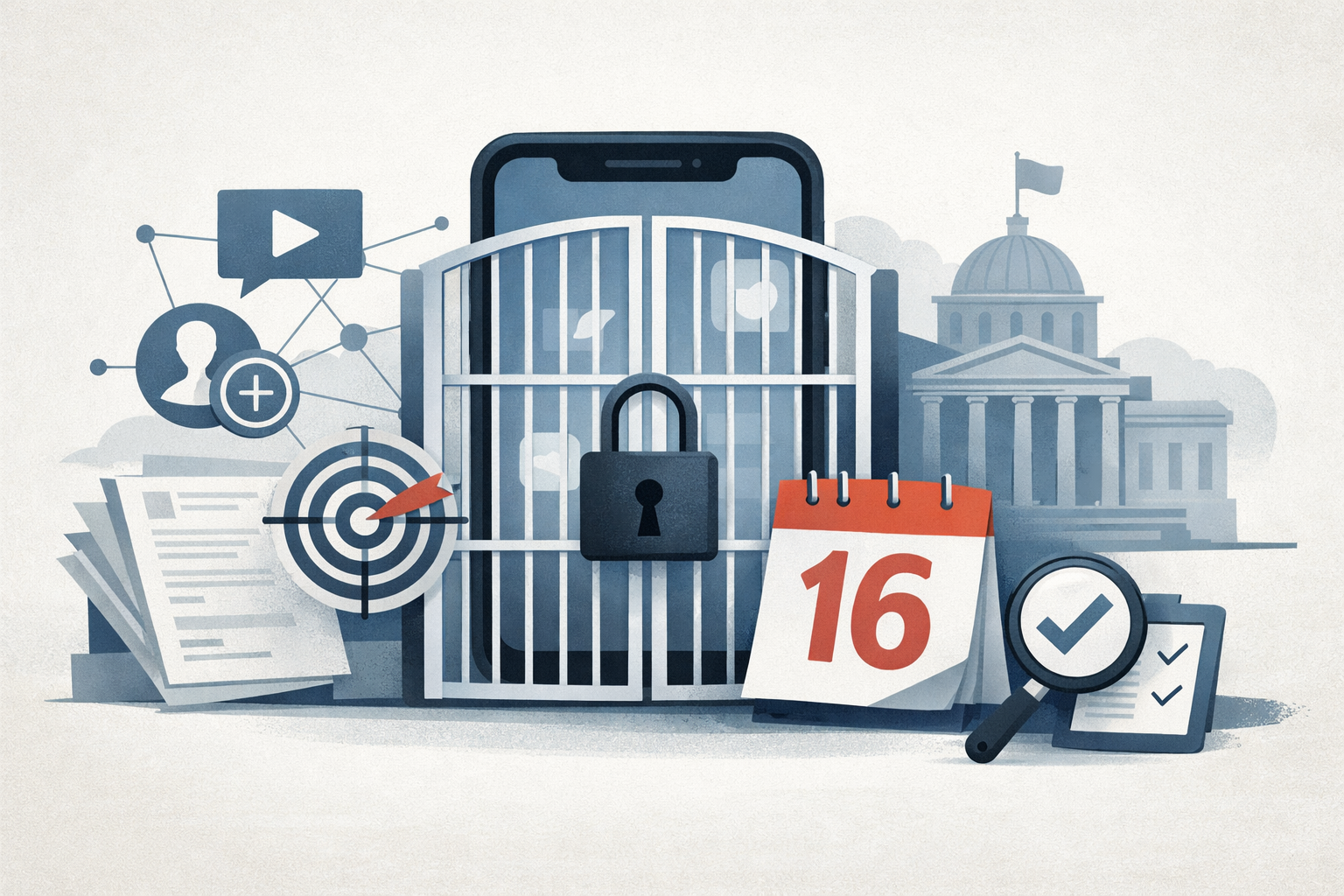 A symbolic illustration of a smartphone social media app behind an age gate, with a lock, a 16+ marker, and icons suggesting recommendations, ads, and compliance.