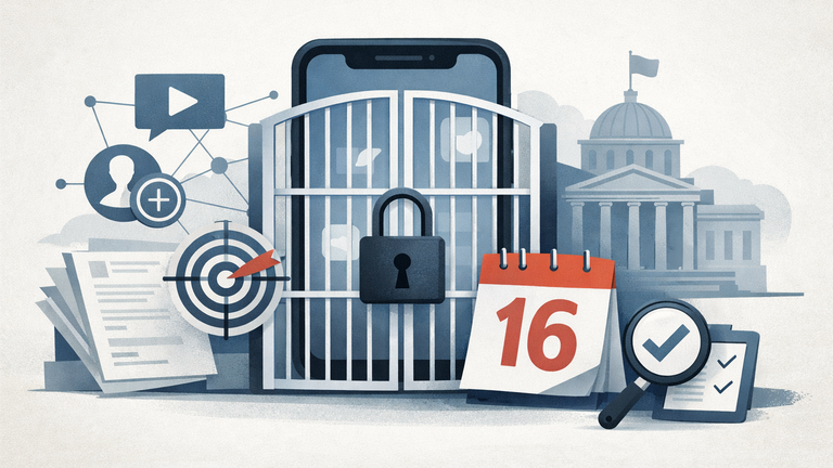A symbolic illustration of a smartphone social media app behind an age gate, with a lock, a 16+ marker, and icons suggesting recommendations, ads, and compliance.