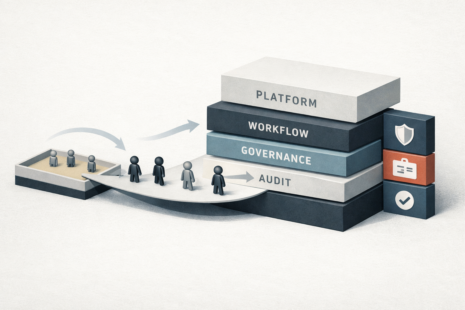 Symbolic illustration of AI agents moving from a small pilot sandbox into a larger enterprise platform with governance and audit layers.