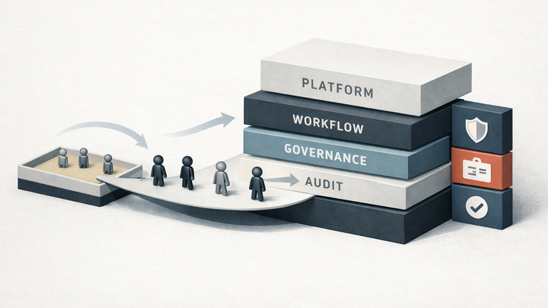 Symbolic illustration of AI agents moving from a small pilot sandbox into a larger enterprise platform with governance and audit layers.