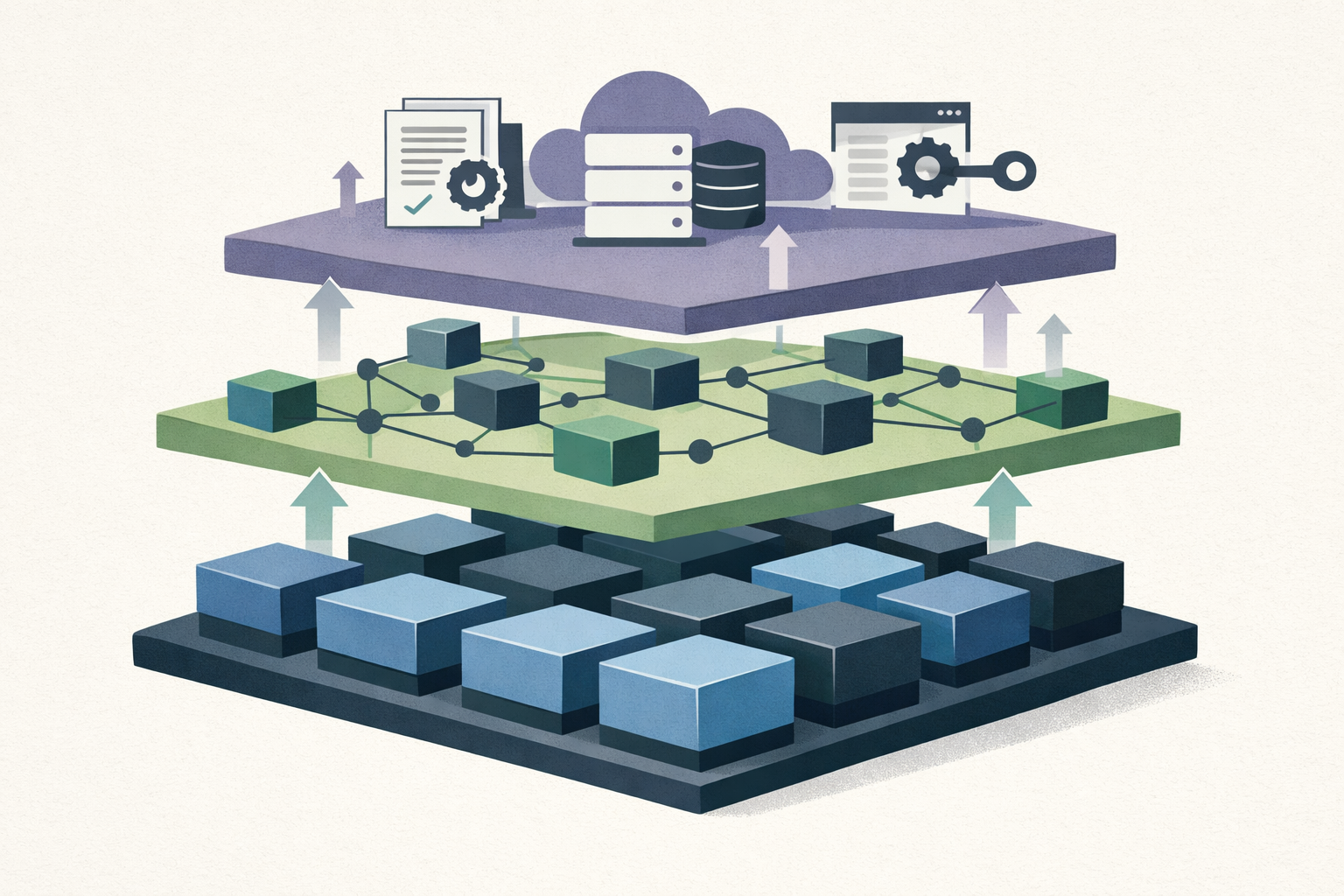 Symbolic illustration of a three-layer AI infrastructure stack: compute (blue geometric blocks at bottom), networking (green interconnected nodes in middle), and software/services (purple components at top), with upward flow indicators.