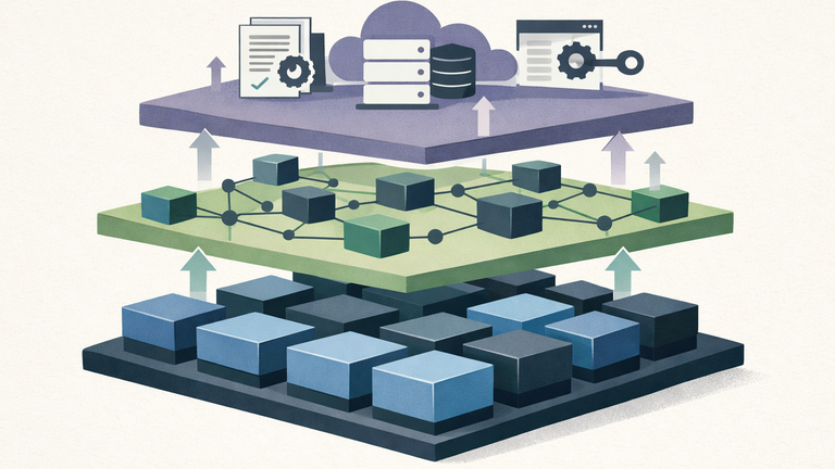 Symbolic illustration of a three-layer AI infrastructure stack: compute (blue geometric blocks at bottom), networking (green interconnected nodes in middle), and software/services (purple components at top), with upward flow indicators.