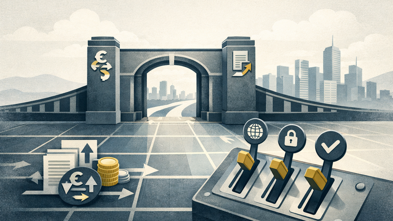Symbolic illustration of market-access reforms opening a gateway toward developed-market status.