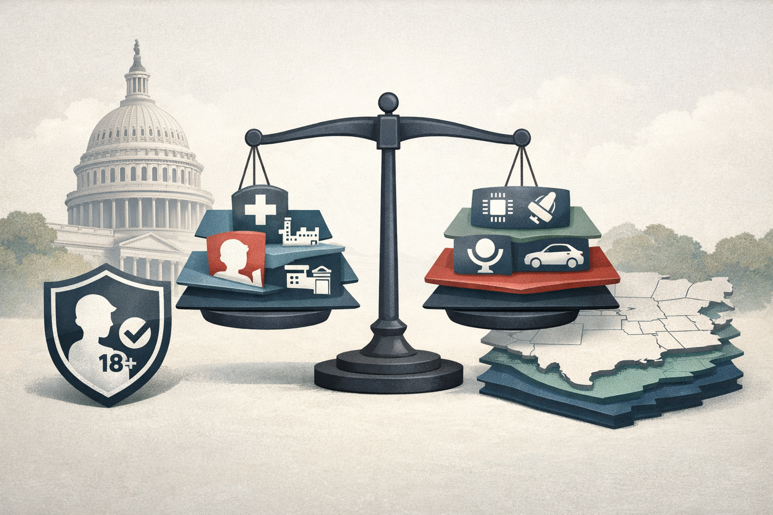 Symbolic illustration of federal AI policy balancing sector oversight, child safety, age checks, and federal preemption over state rules.