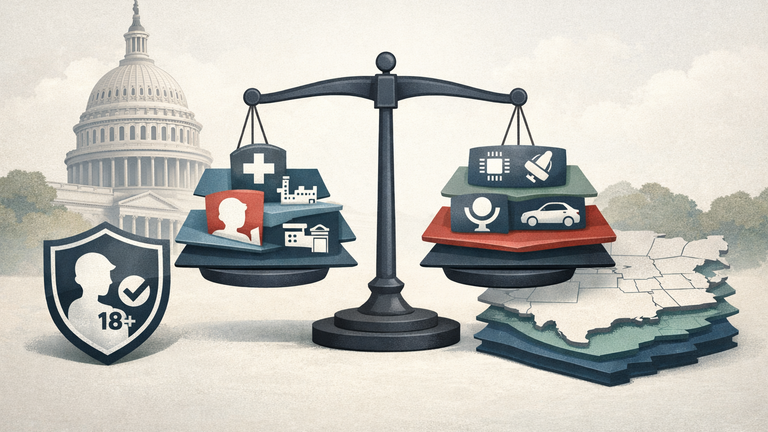 Symbolic illustration of federal AI policy balancing sector oversight, child safety, age checks, and federal preemption over state rules.