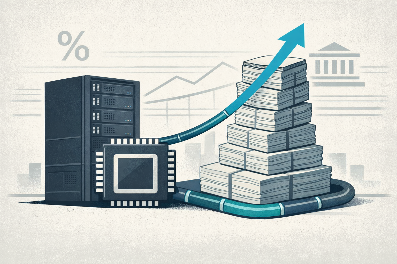 An abstract illustration showing AI infrastructure funding flowing through the bond market, with chips, server racks, and bond certificates connected by a financial pipeline.