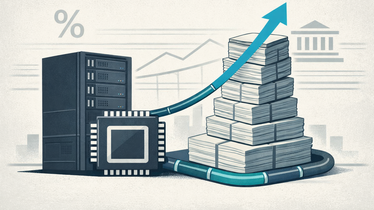An abstract illustration showing AI infrastructure funding flowing through the bond market, with chips, server racks, and bond certificates connected by a financial pipeline.