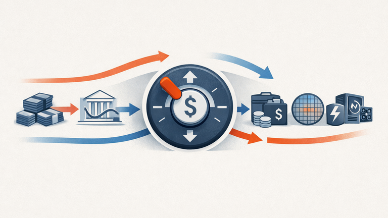 Symbolic illustration of the Fed's policy rate flowing through funding markets, credit conditions, and into technology investment decisions.