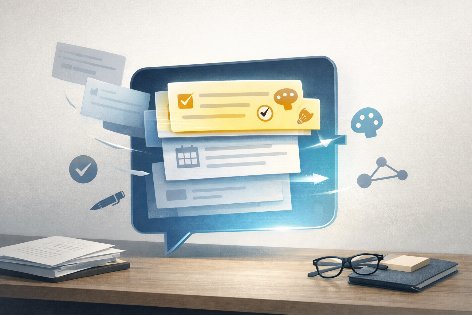 An illustration of an AI chat interface updating stored memory cards to keep context current and reflect user preferences.