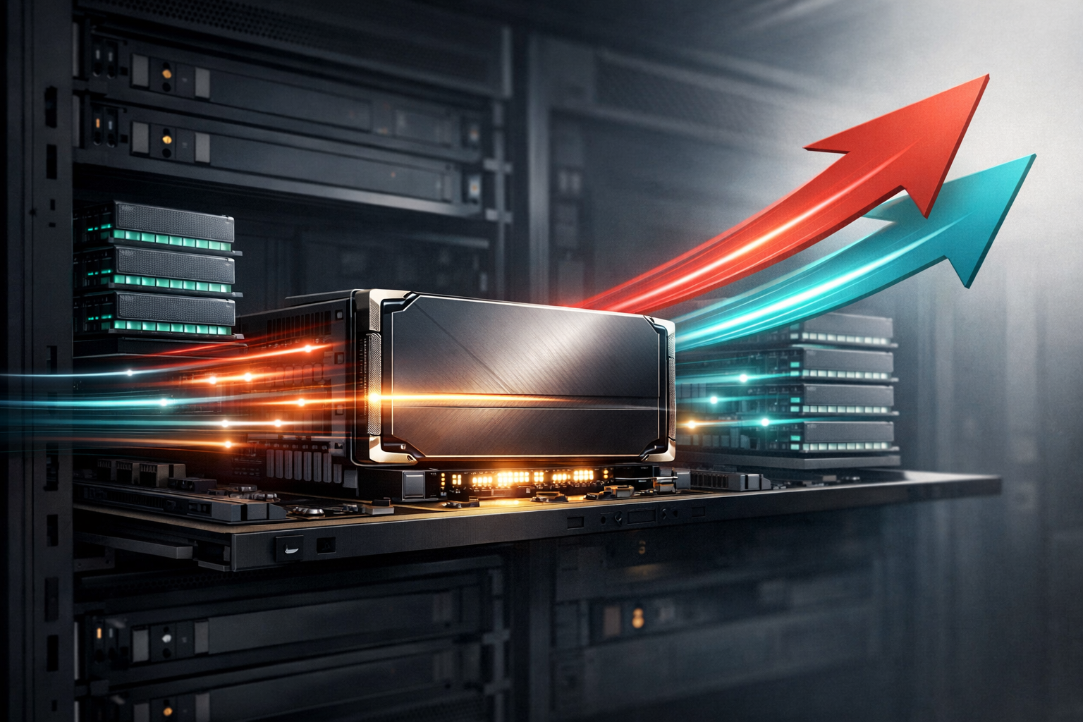 Symbolic illustration of an AI accelerator in a data center with abstract data flows and memory modules, representing a new GPU for large-scale AI workloads.